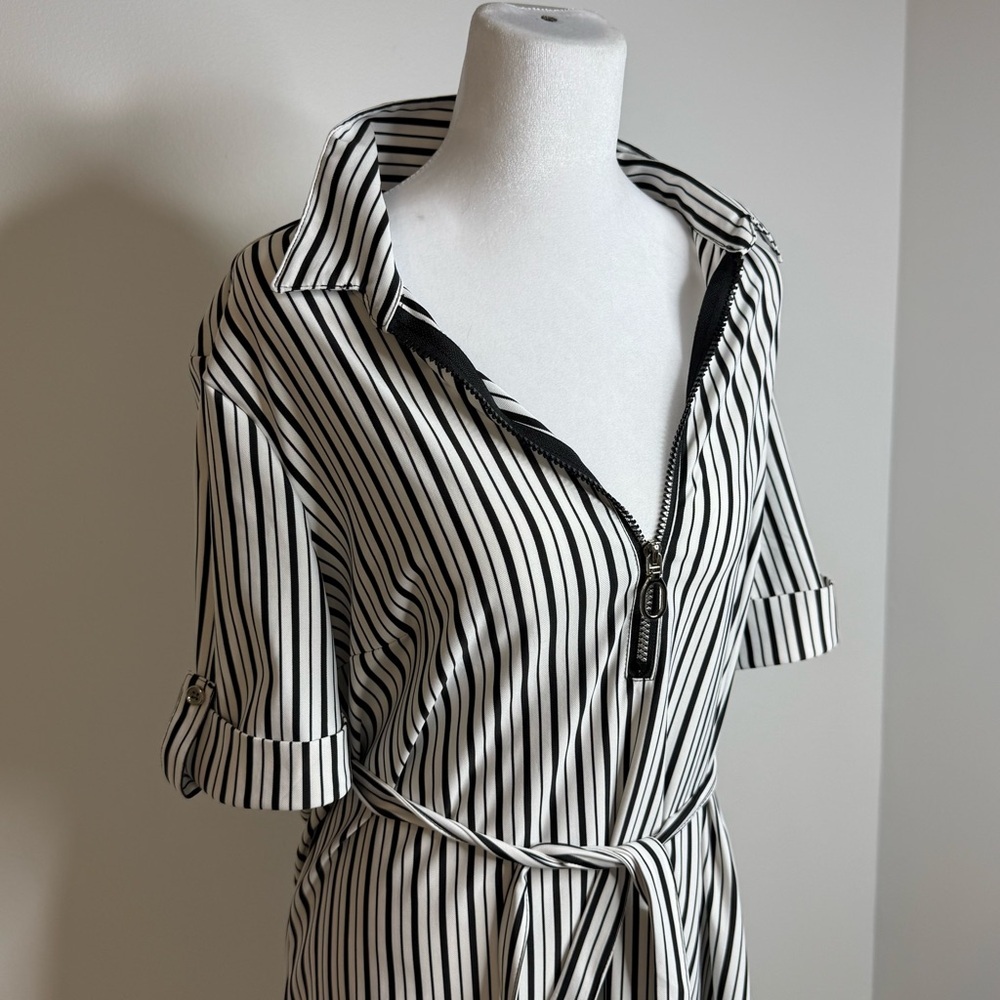 Striped Midi Shirt Dress with Tie Belt - Black & White - Picture 2 of 2